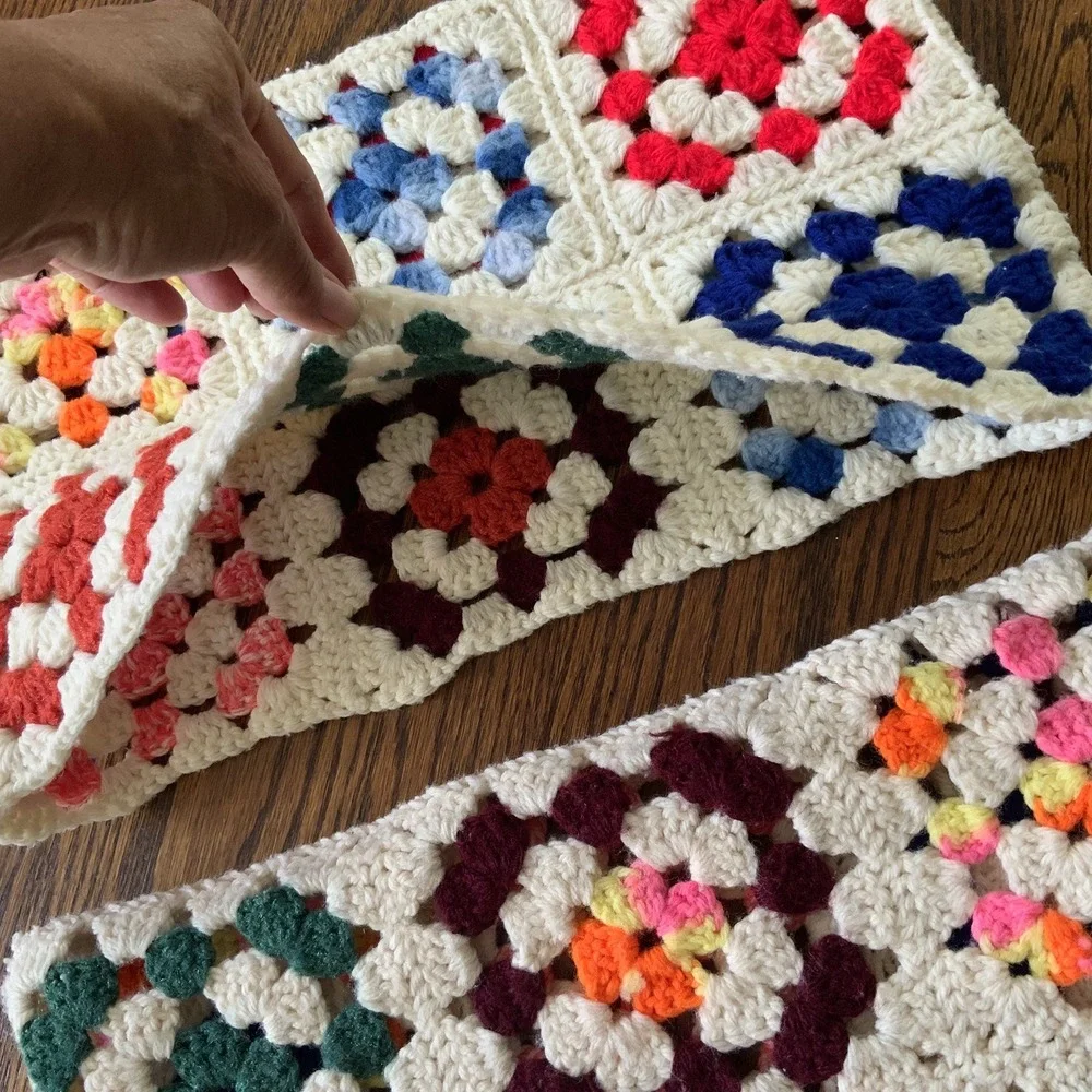 VTG Pair Hand Made Crochet Colorful Granny Square Pillow Covers READ